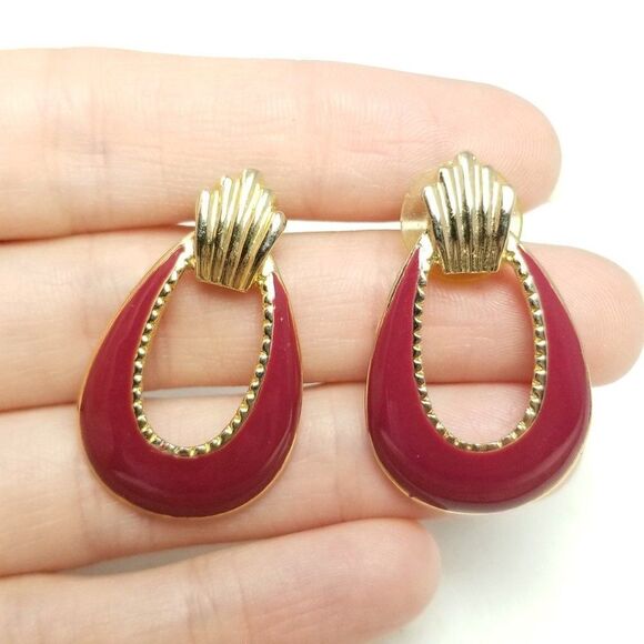 Vintage Red Enamel Door Knocker Style Stud Earrings, Gold Tone Setting, Retro - Picture 1 of 6
